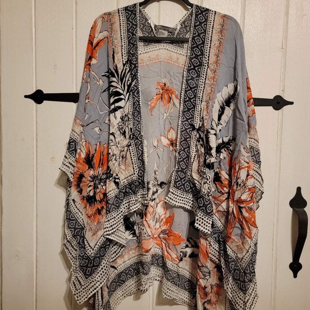 Vince Camuto Gray Floral Kimono with Orange Blooms